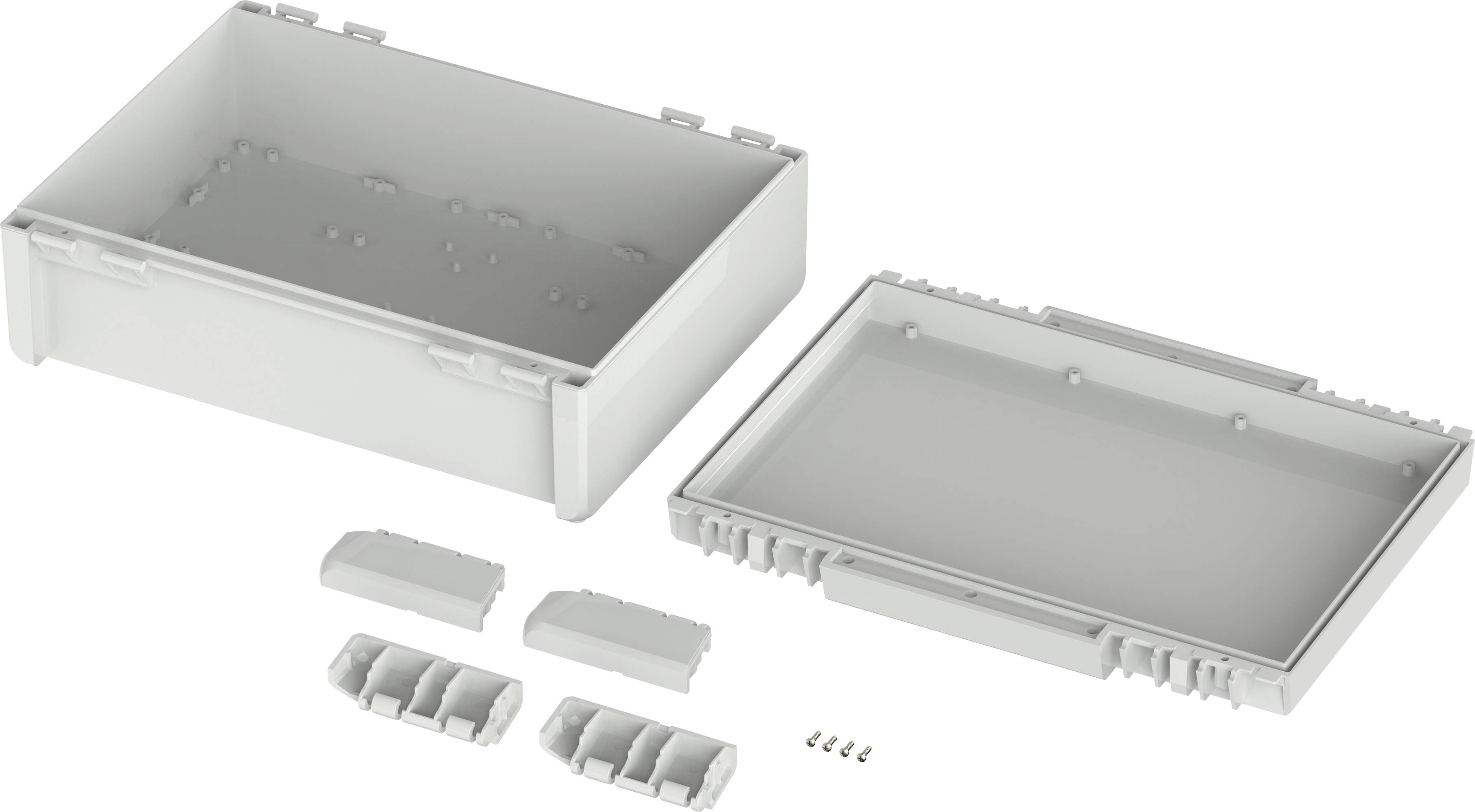 Boîtier en plastique en deux parties avec quatre petits éléments de fixation et des vis sur fond blanc.