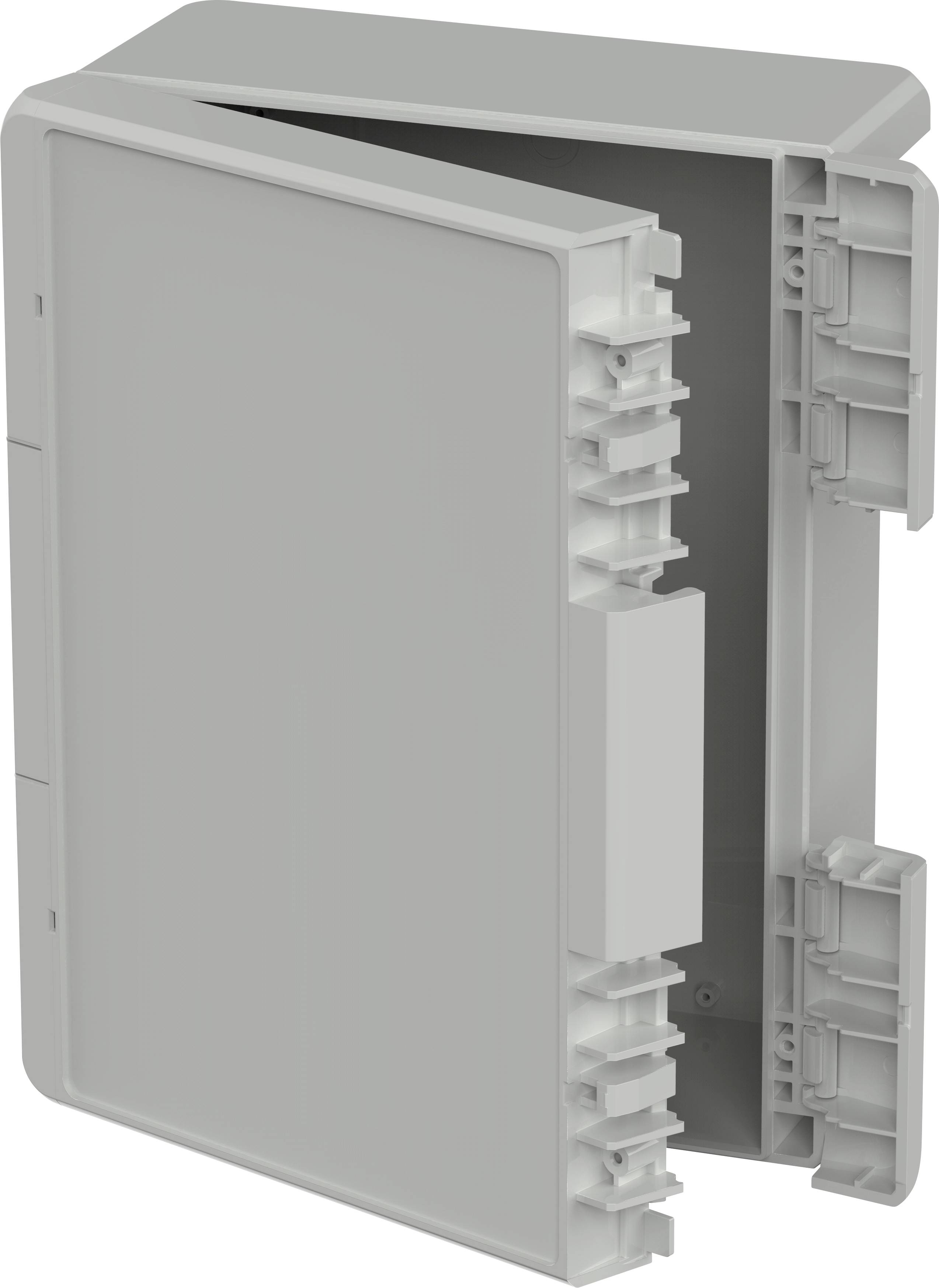 Un boîtier gris au couvercle ouvert avec plusieurs supports à l'intérieur. Adapté pour le montage de câbles ou de modules.