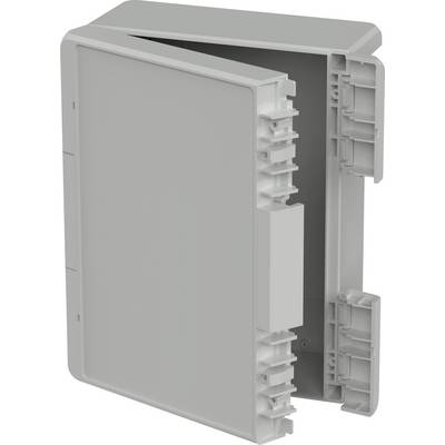 Un boîtier gris au couvercle ouvert avec plusieurs supports à l'intérieur. Adapté pour le montage de câbles ou de modules.