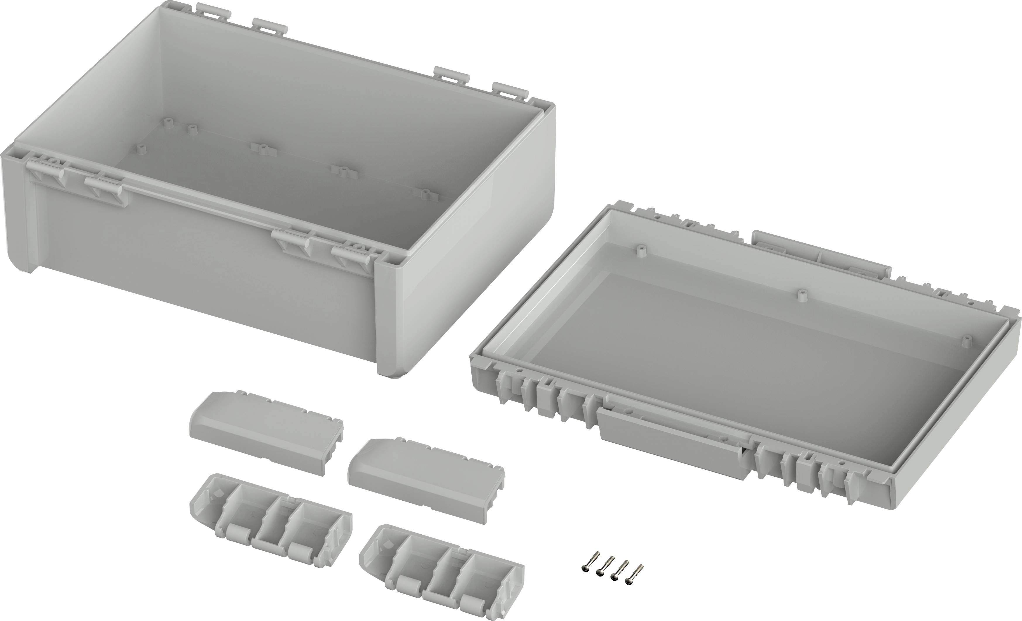 Boîtier en plastique en deux parties avec des composants supplémentaires plus petits et des vis, adapté pour des applications électroniques ou d'assemblage.