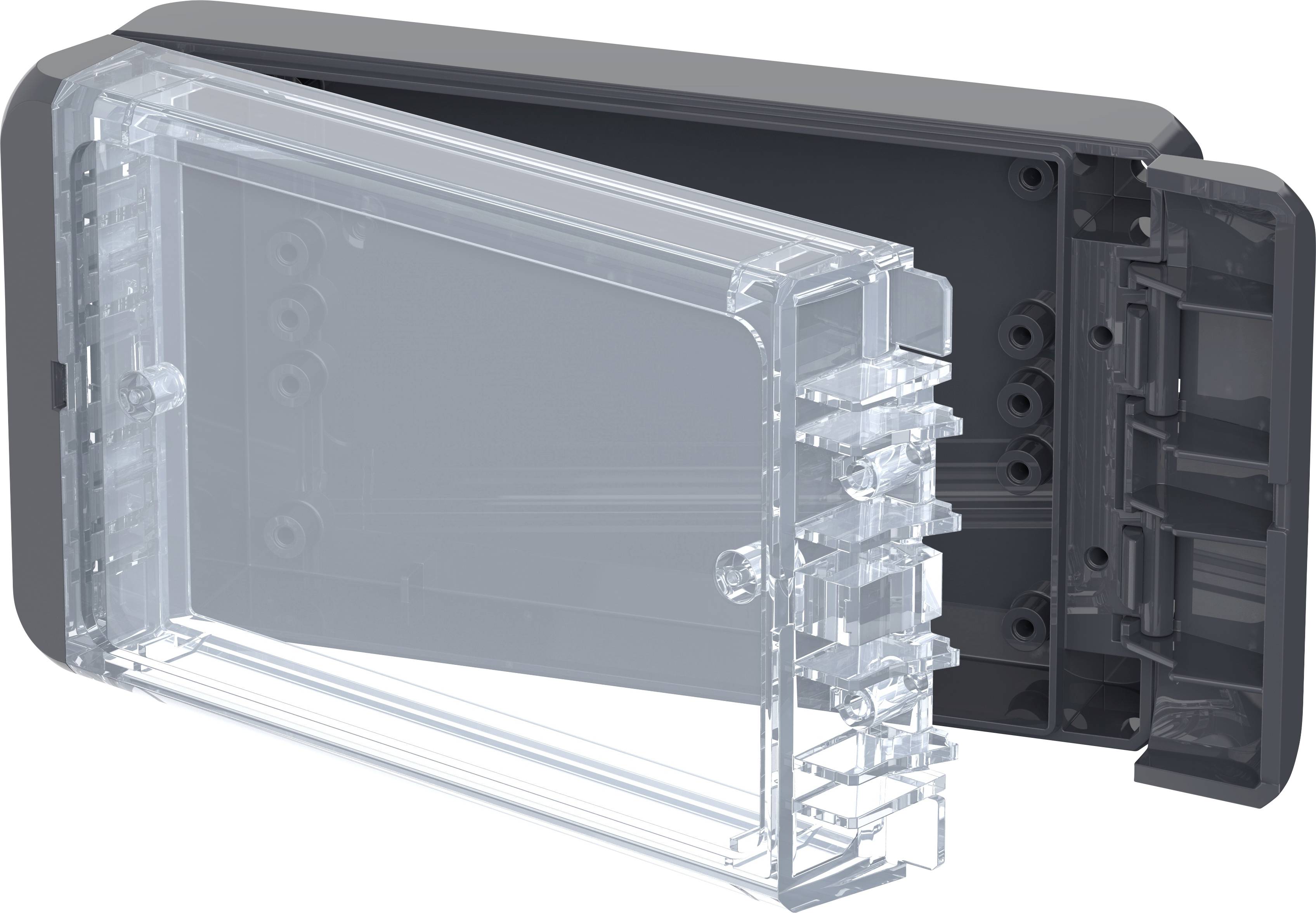 Boîtier en plastique transparent, partiellement ouvert, montrant une vue intérieure avec des possibilités de montage, adapté aux composants électroniques.