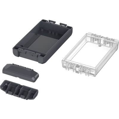Composants de boîtier ouverts noirs et transparents, montrant différentes sections d'un boîtier électronique.