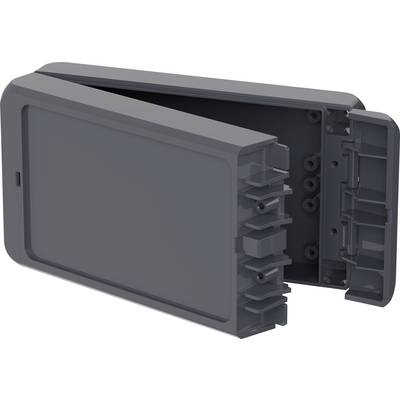 Un boîtier en plastique gris-noir, rabattable, avec plusieurs supports à l'intérieur.