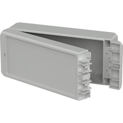 Boîtier rectangulaire en plastique gris, partiellement ouvert, avec charnières et éléments de fixation intégrés.