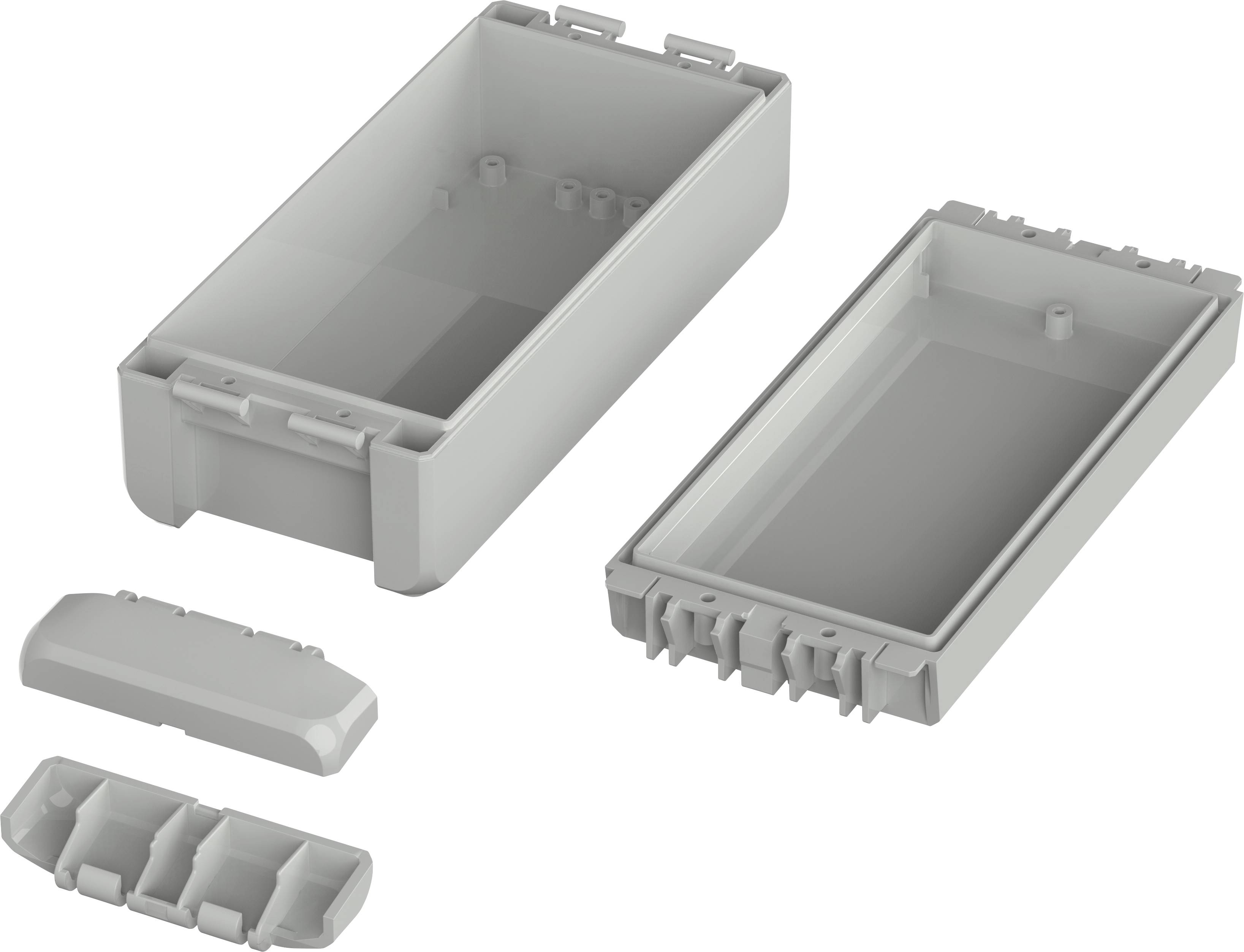 Boîtier en plastique gris, rectangulaire et modulaire avec couvercles amovibles, présenté en vues ouvertes et fermées.
