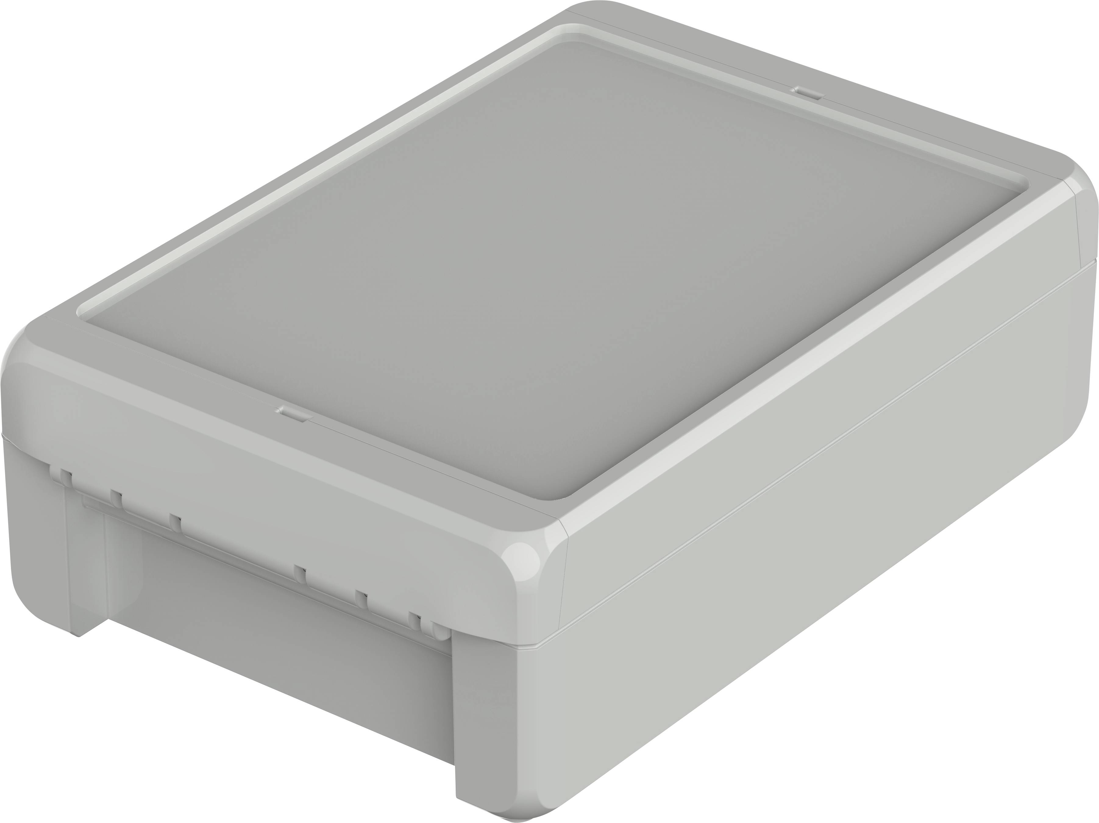 Boîtier rectangulaire en plastique gris avec coins arrondis et couvercle amovible. Adapté pour les composants électroniques.
