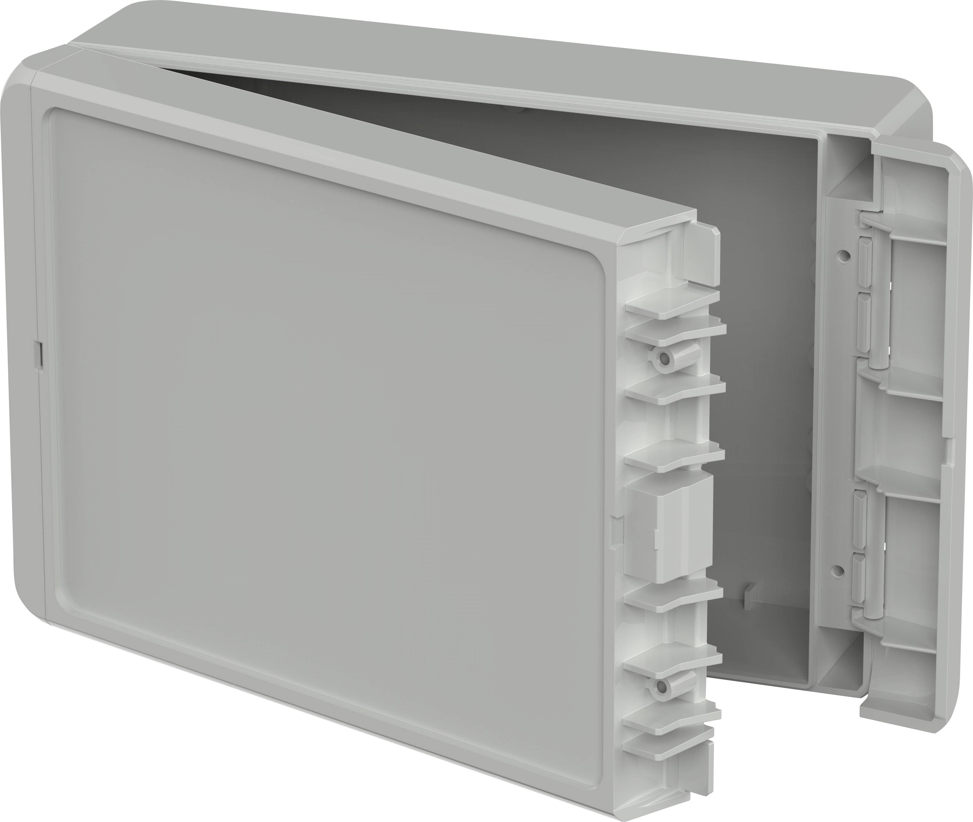 Un boîtier rectangulaire en plastique gris avec un couvercle amovible, partiellement ouvert, révélant ses structures internes.