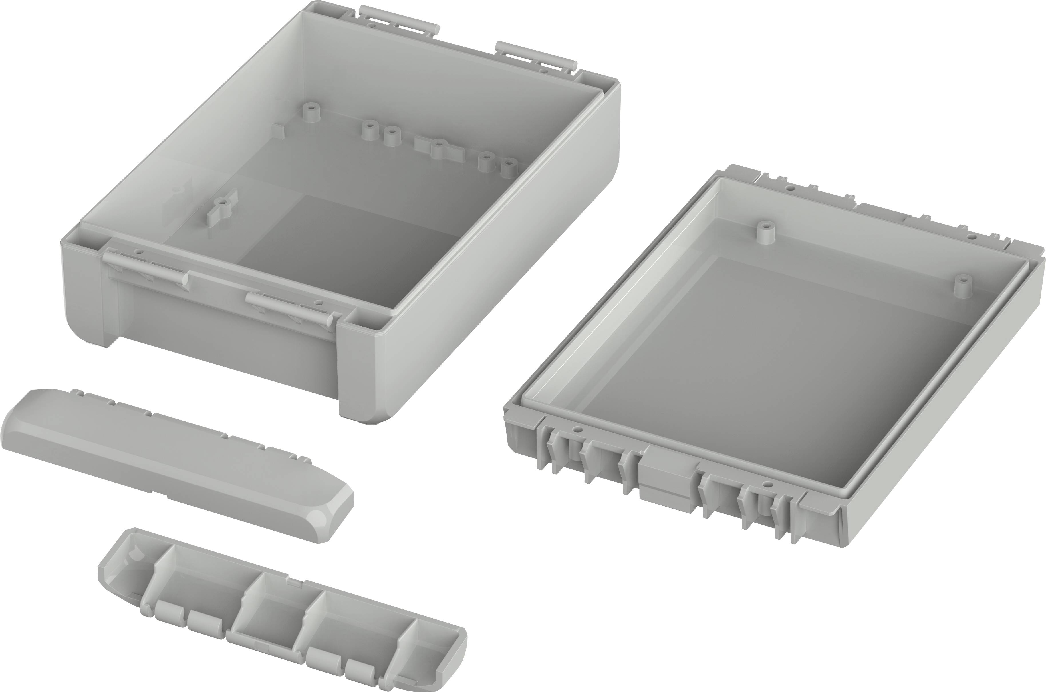 Boîtier en plastique, composé de deux grandes pièces rectangulaires et de deux bandes de couverture étroites, de couleur grise.