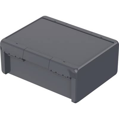 Un récipient rectangulaire noir avec un couvercle, probablement destiné au rangement d'objets.