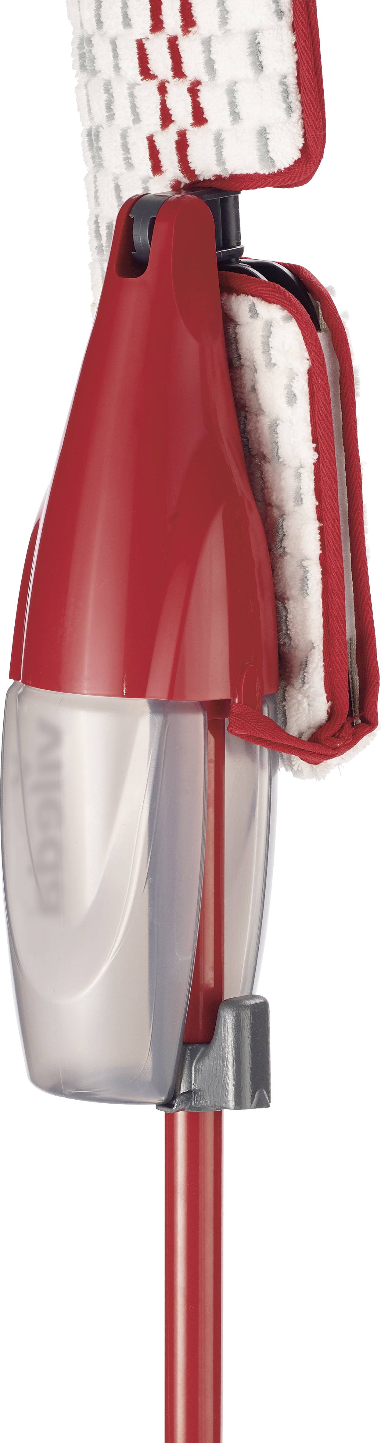 Balai serpillière rouge avec réservoir de pulvérisation intégré et pad en microfibre, adapté au nettoyage facile des sols.