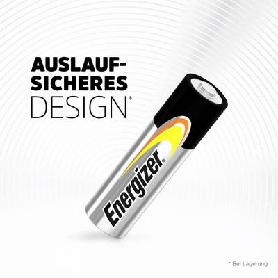 Pile avec l'inscription 'Energizer' et le texte 'Design anti-fuite' en dessous. Arrière-plan avec des cercles concentriques.