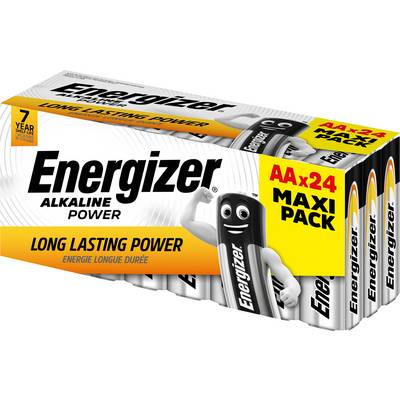 Piles alcalines Energizer Maxi-Pack, lot de 24, promet une énergie de longue durée. L'emballage présente une mascotte souriante.