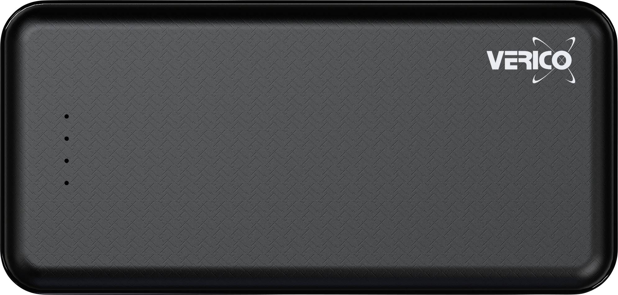 Batterie externe noire avec le logo 'Verico' dans le coin supérieur droit et quatre voyants LED sur le côté gauche pour indiquer le statut de charge.
