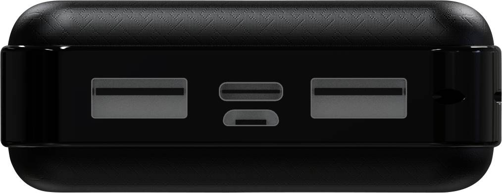 Batterie externe noire et rectangulaire avec deux ports USB et un port USB-C au centre, vue de face.