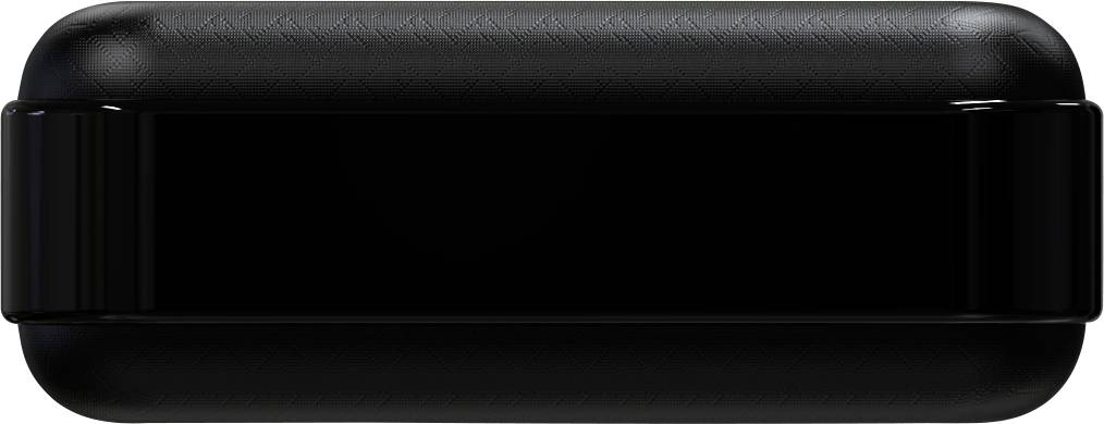 Une boîte noire rectangulaire aux coins arrondis avec une bande brillante au centre.