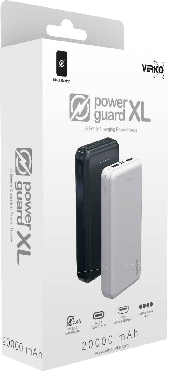 Un emballage contenant une batterie externe, 'power guard XL', 20000 mAh. Présente deux appareils en noir et blanc. Fabricant : Verico.