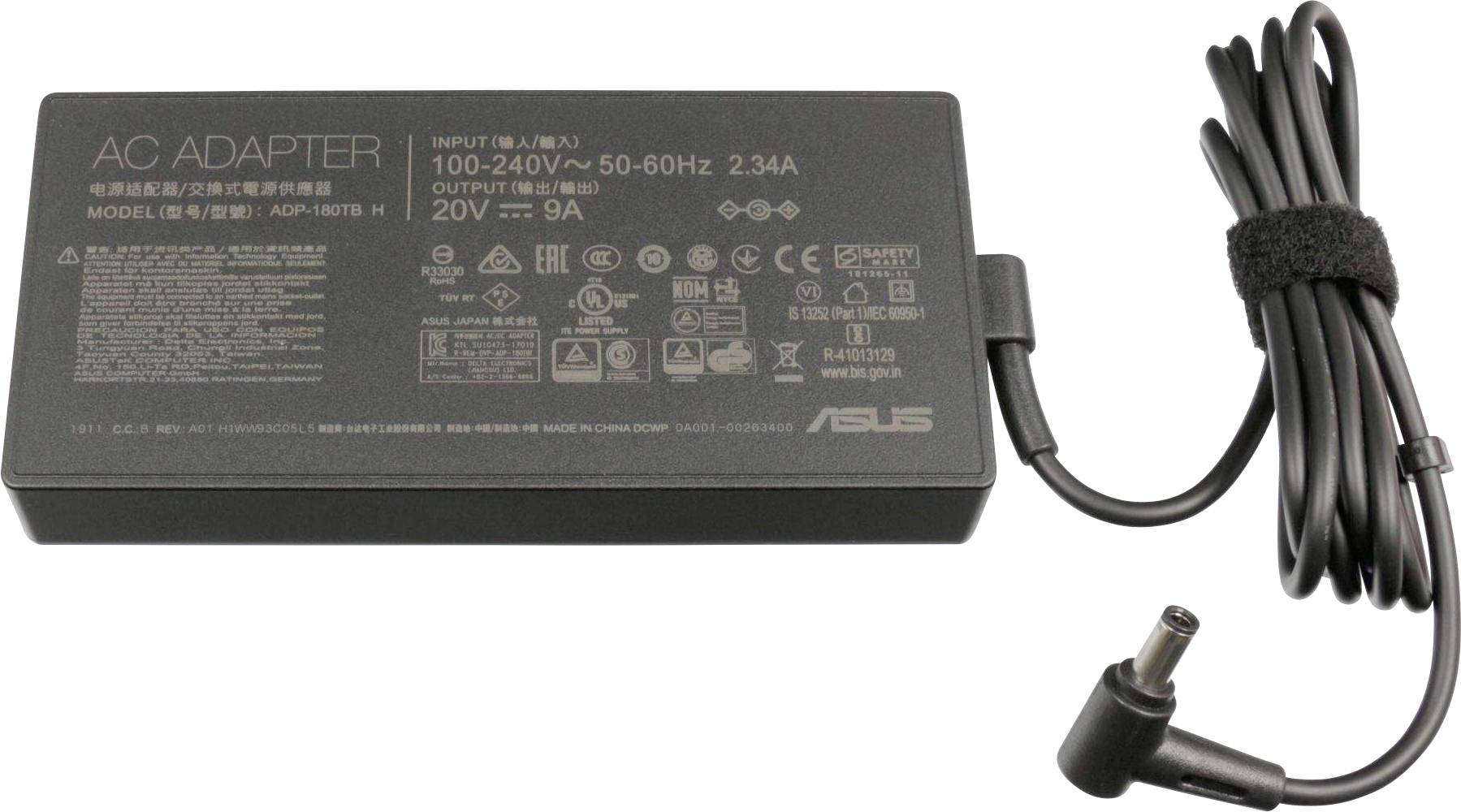Un bloc d'alimentation Asus noir avec caractéristiques techniques : Entrée 100-240V, Sortie 19,5V, 9A. Comprend des symboles de sécurité des appareils et des instructions.