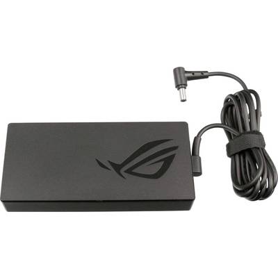 Adaptateur secteur noir pour ordinateur portable, avec un logo stylisé sur le côté gauche. Un câble est soigneusement enroulé et maintenu par une attache auto-agrippante.