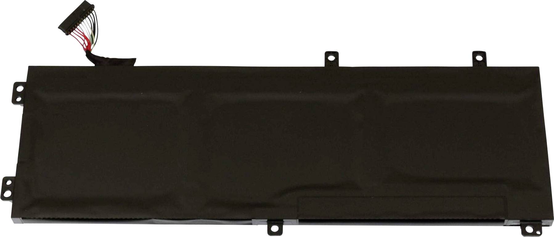Batterie noire pour ordinateur portable avec câble de connexion à gauche. Forme rectangulaire, plate. Adaptée pour le remplacement sur des modèles d'ordinateurs portables compatibles.