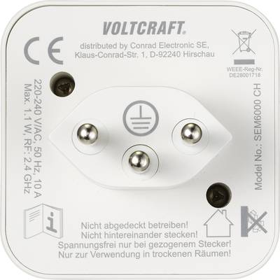 Adaptateur de prise de la marque Voltcraft. Avertissement : 'Ne pas brancher les uns à la suite des autres !' Courant de service : 10 A, Tension : 220-240 V.