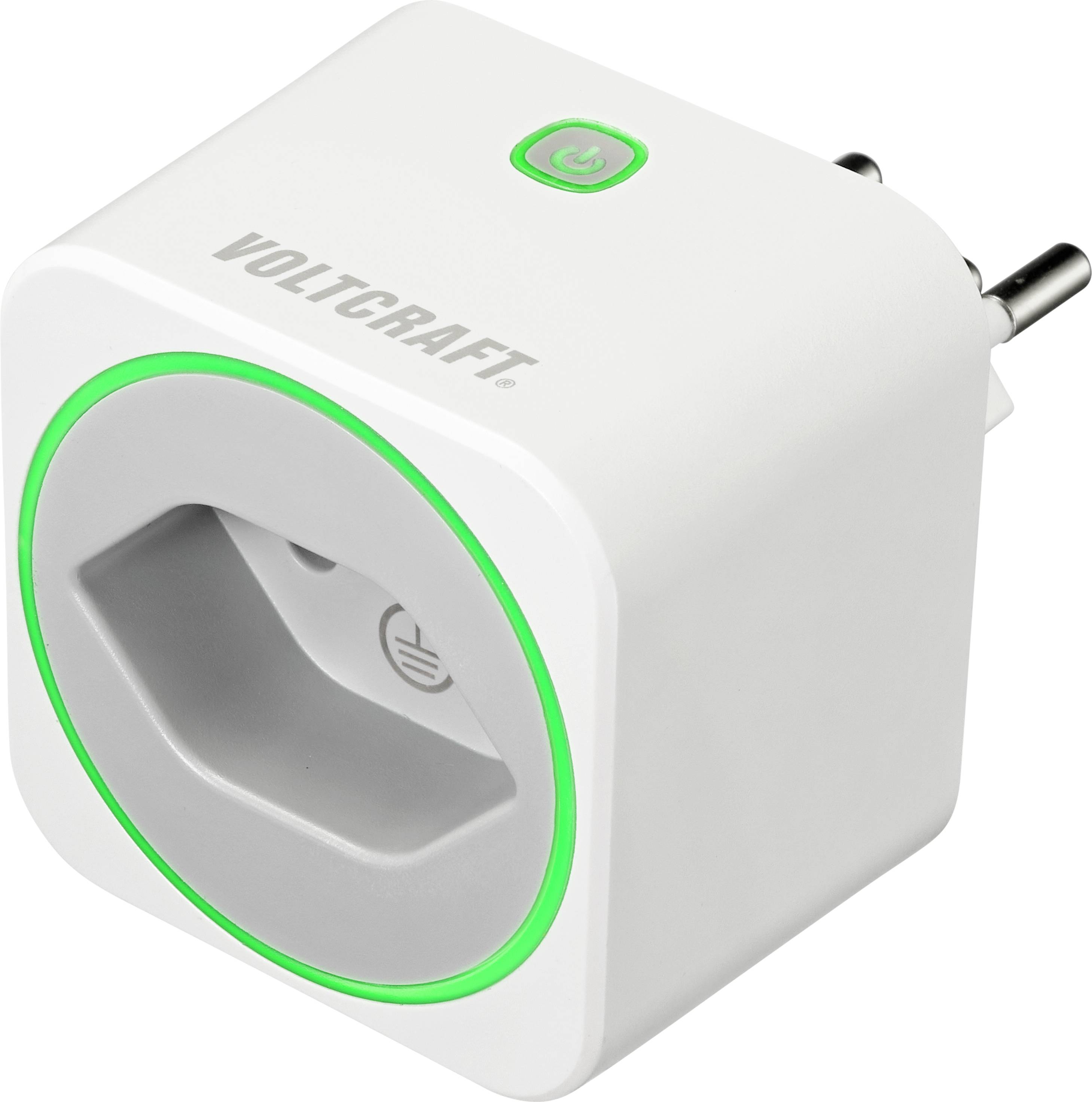 Prise intelligente blanche et carrée de Voltcraft avec anneau lumineux vert et interrupteur marche/arrêt vert.