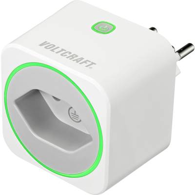 Prise intelligente blanche et carrée de Voltcraft avec anneau lumineux vert et interrupteur marche/arrêt vert.