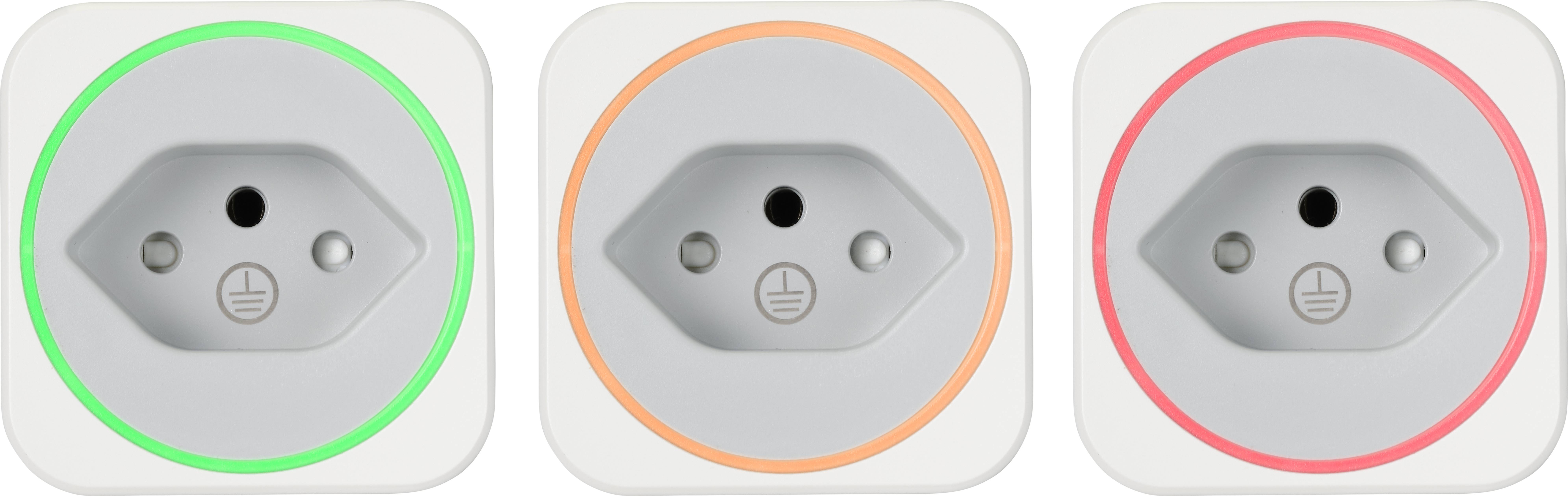 Trois prises électriques avec des anneaux lumineux en vert, orange et rouge indiquent l'état des appareils électroniques.
