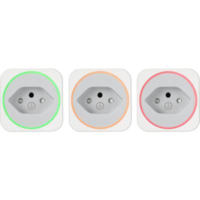 Trois prises électriques avec des anneaux lumineux en vert, orange et rouge indiquent l'état des appareils électroniques.