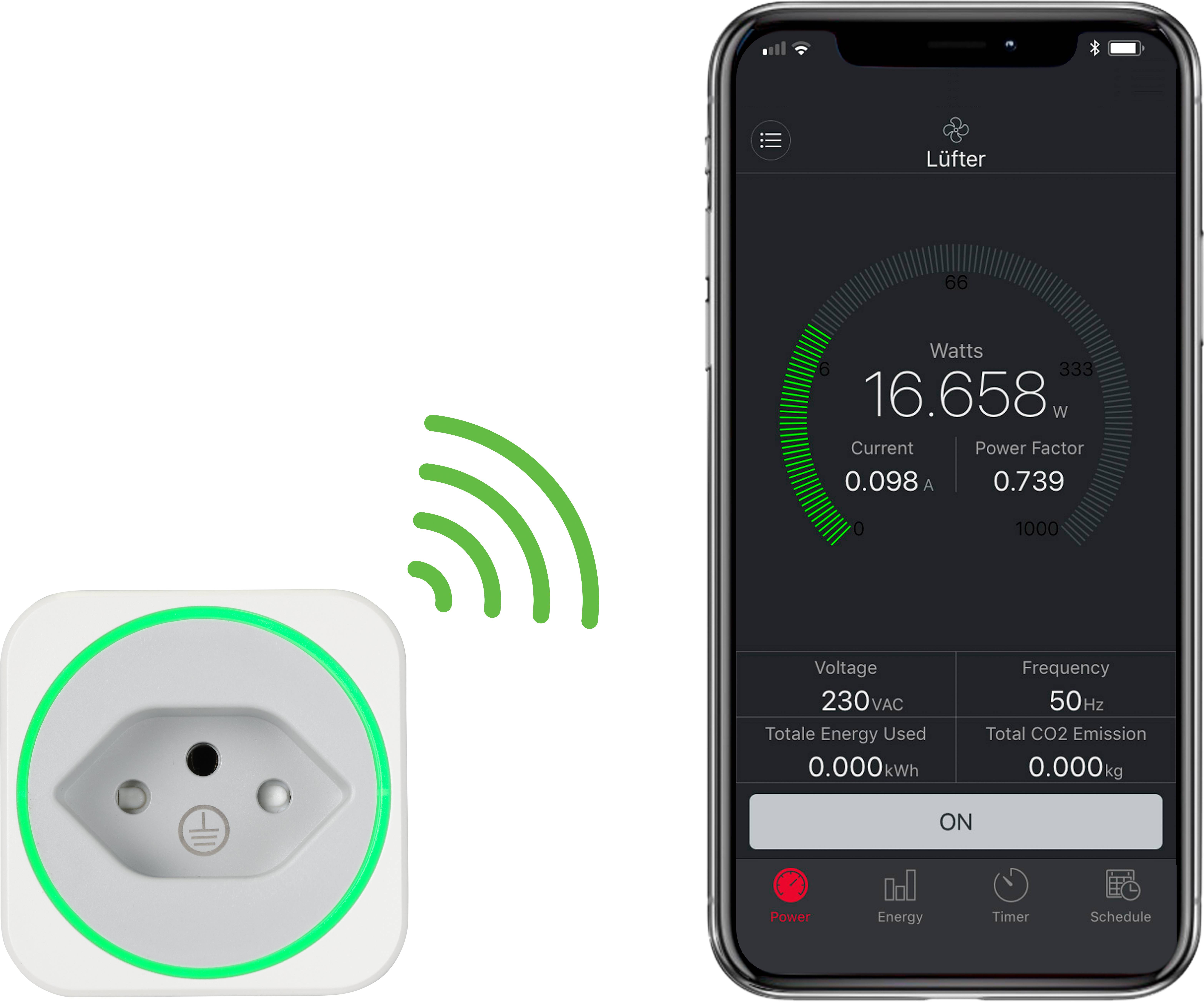 Prise intelligente à côté d'un smartphone avec écran d'application. L'application affiche la consommation électrique (16,658 watts), la tension (230V) et la fréquence (50Hz).