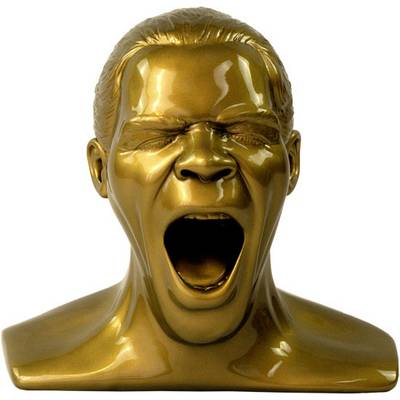 Sculpture en bronze d'une tête et d'un buste humains hurlants, expressive avec des yeux fermés et une bouche grande ouverte.