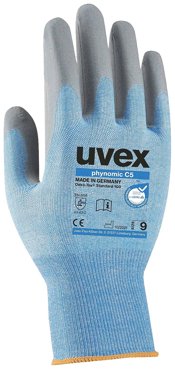 Gant de travail réutilisable Uvex, gris-bleu, pour protection des mains et contre les coupures, taille 9, 'phynomic C5', fabriqué en Allemagne.