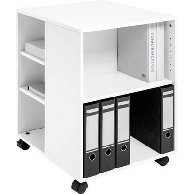 Chariot de bureau blanc à plusieurs compartiments, rempli de classeurs et d'un livre intitulé 'COMMUNICATION'.