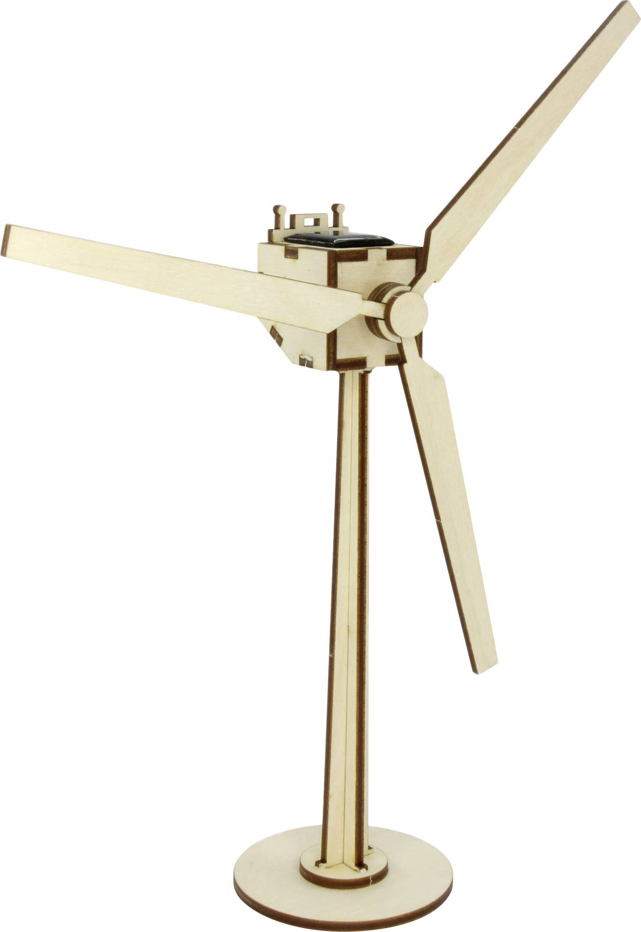 Un modèle en bois d'une éolienne à trois pales sur un socle. Adapté pour les démonstrations ou les besoins pédagogiques.