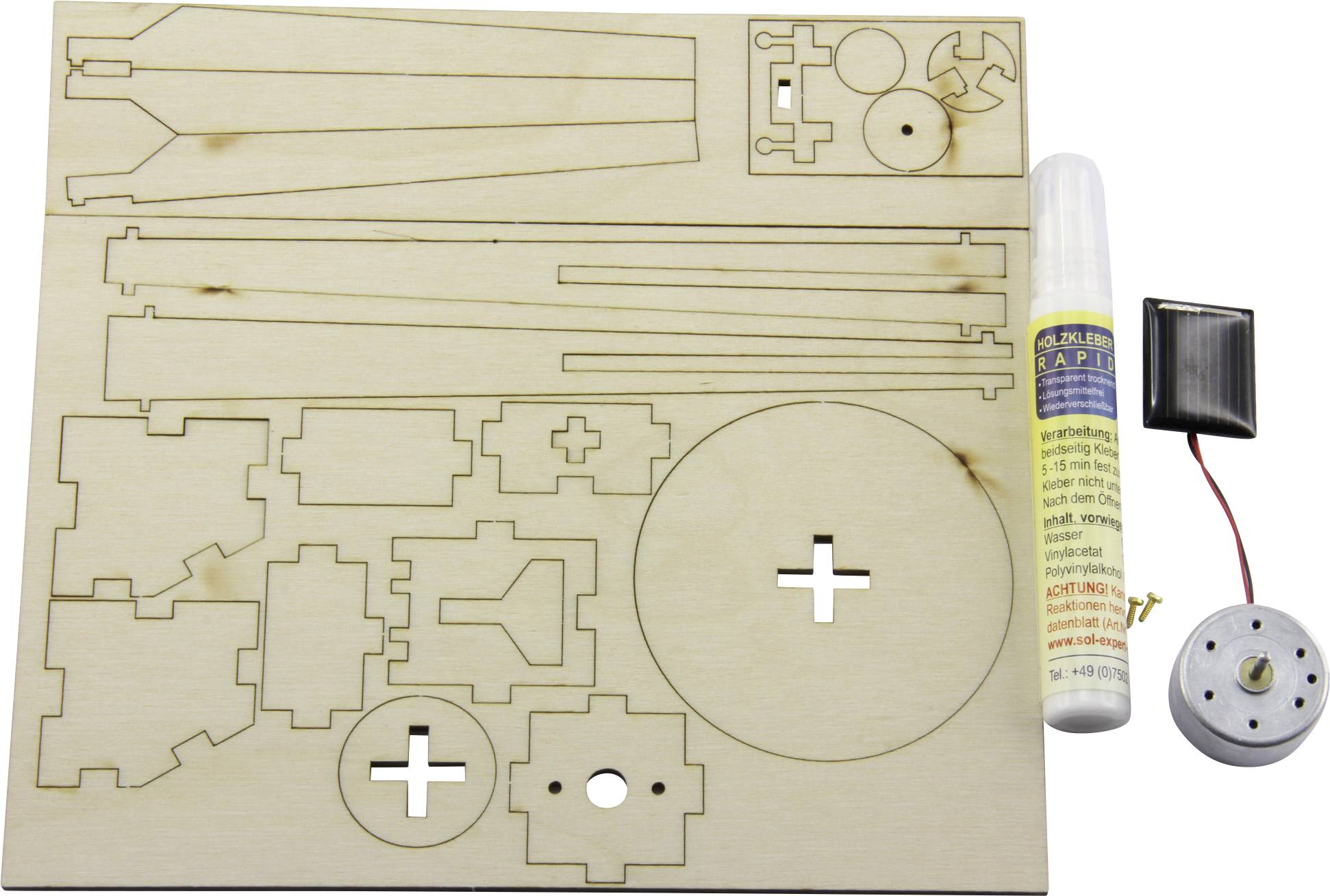 Kit de construction en bois avec pièces découpées, petit moteur, panneau solaire et tube de colle. Adapté pour les projets de modélisme.