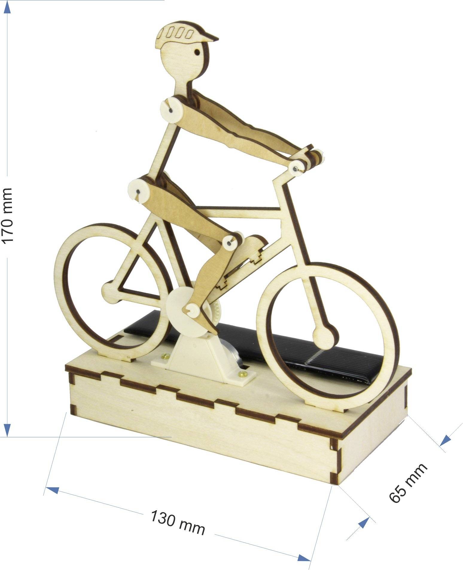 Modèle en bois d'un cycliste sur un socle, dimensions : 170 mm de haut, 130 mm de large, 65 mm de profondeur. La figurine porte un casque.