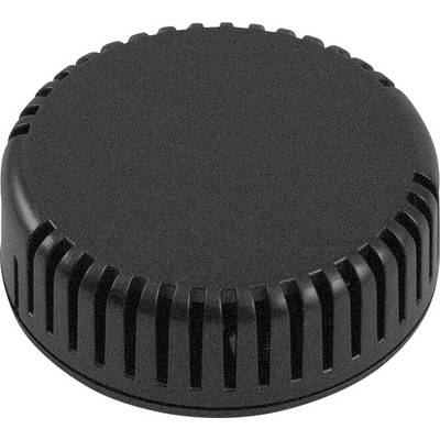 Couvercle plat et rond en plastique noir à bord cannelé. Couramment utilisé pour fermer des contenants ou des bouteilles.