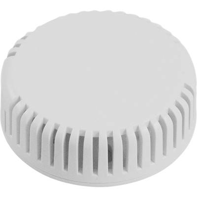 Un détecteur de fumée blanc, rond, avec des fentes sur le côté pour la ventilation, destiné à être utilisé à l'intérieur pour la sécurité incendie.