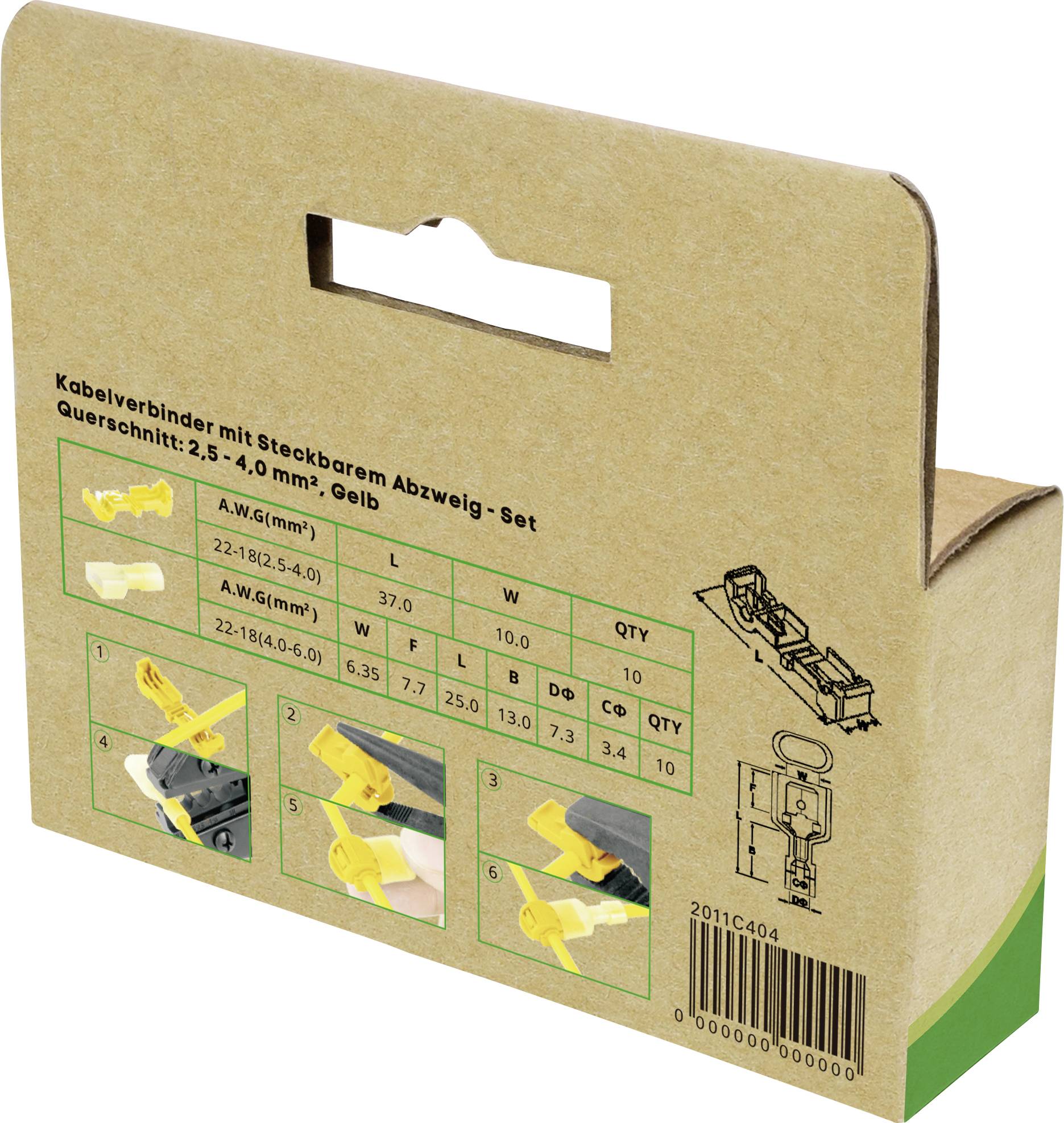 Ensemble de connecteurs de câbles - Emballage en carton, présentant un mode d'emploi pour l'utilisation de connecteurs jaunes pour sections de câble de 2,5 à 4,0 mm², avec illustrations et diagramme.