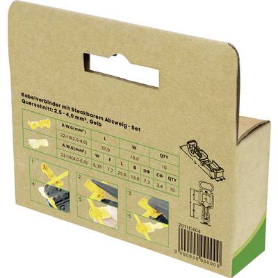 Ensemble de connecteurs de câbles - Emballage en carton, présentant un mode d'emploi pour l'utilisation de connecteurs jaunes pour sections de câble de 2,5 à 4,0 mm², avec illustrations et diagramme.
