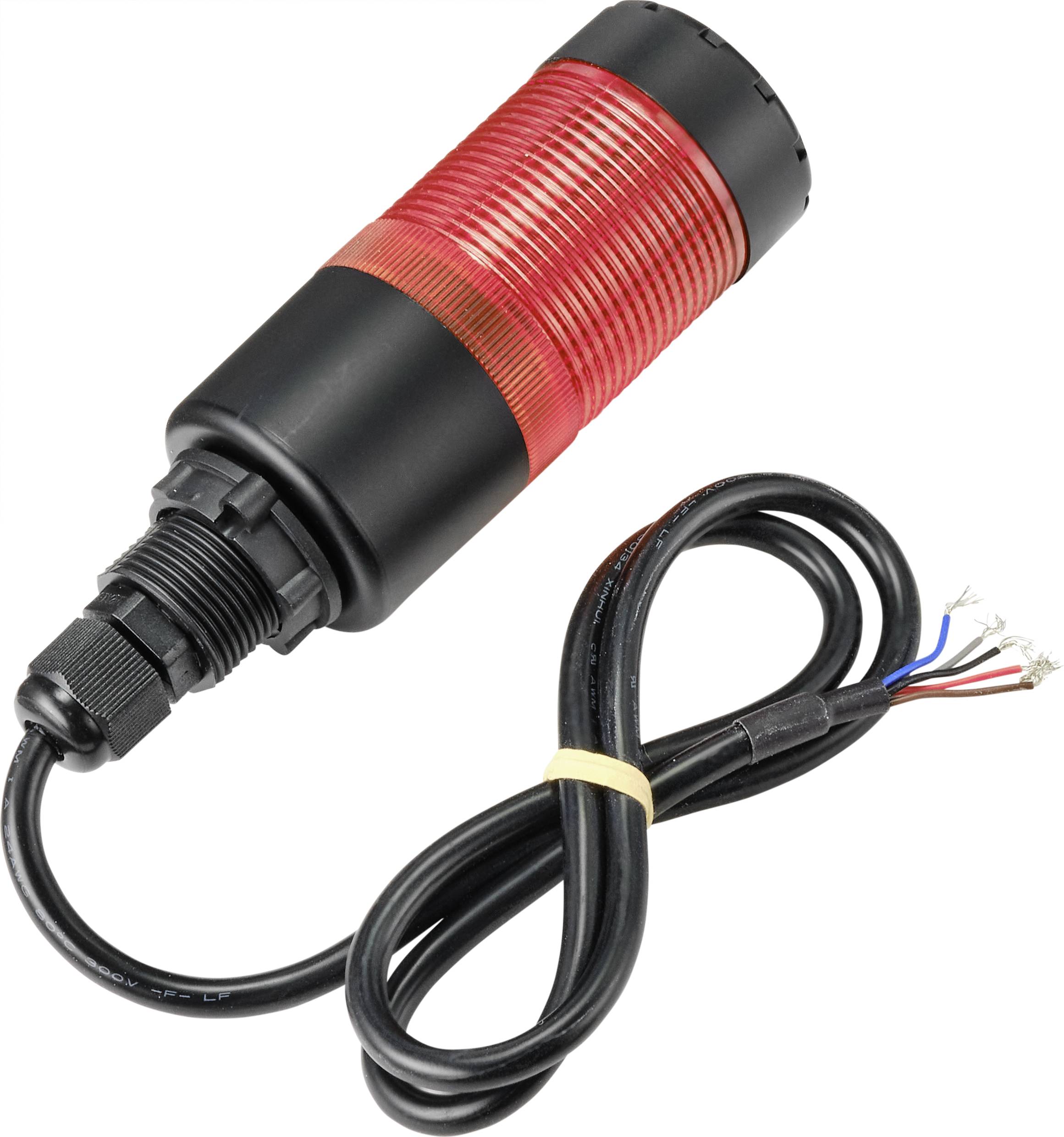 Un voyant lumineux LED rouge, cylindrique, avec un socle noir et des câbles. Utilisé pour signaler des états de fonctionnement.