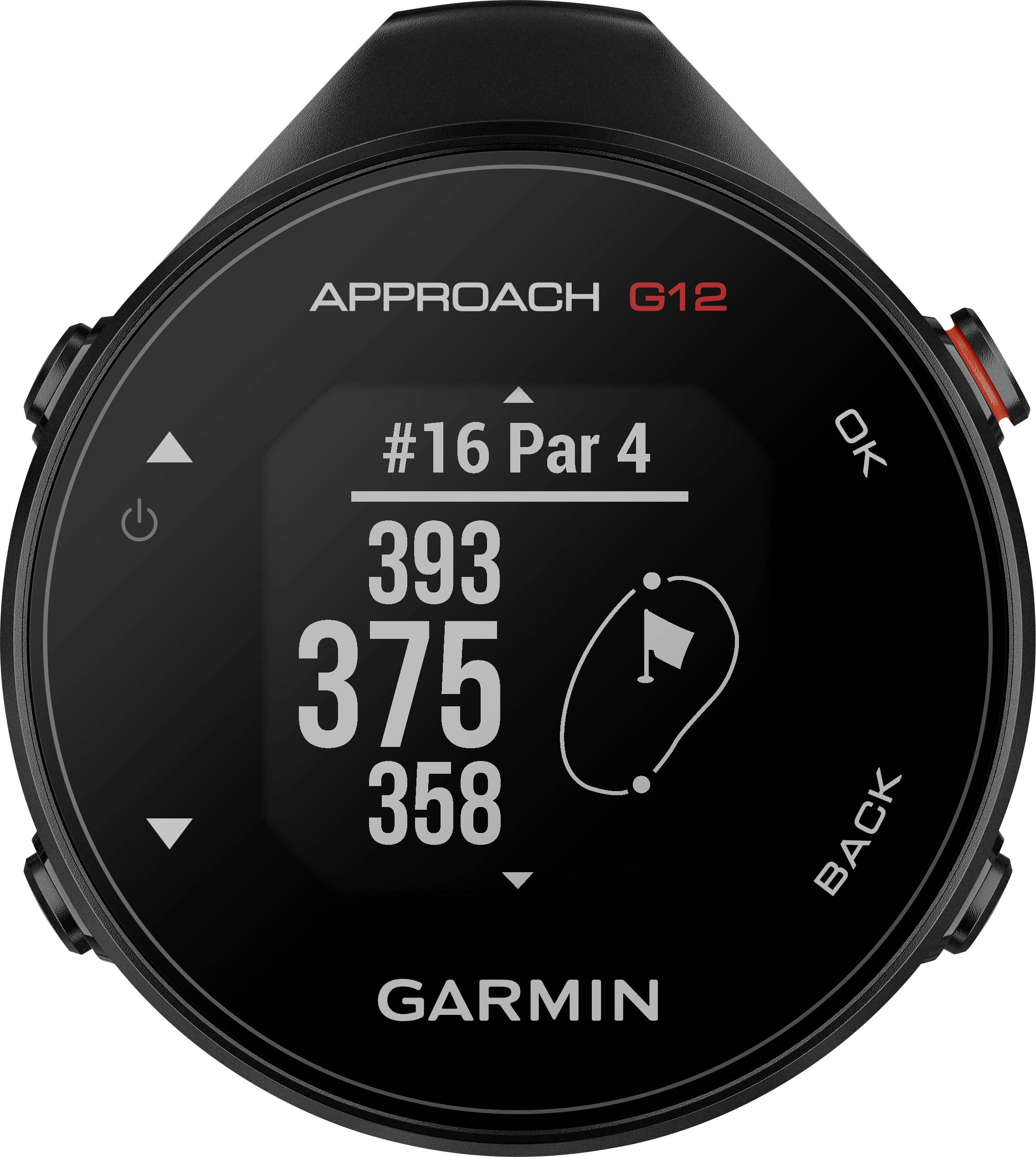 Montre de golf affiche le trou 16, Par 4. Distance : 393, 375, 358 yards. Croquis du trou sur l'écran.