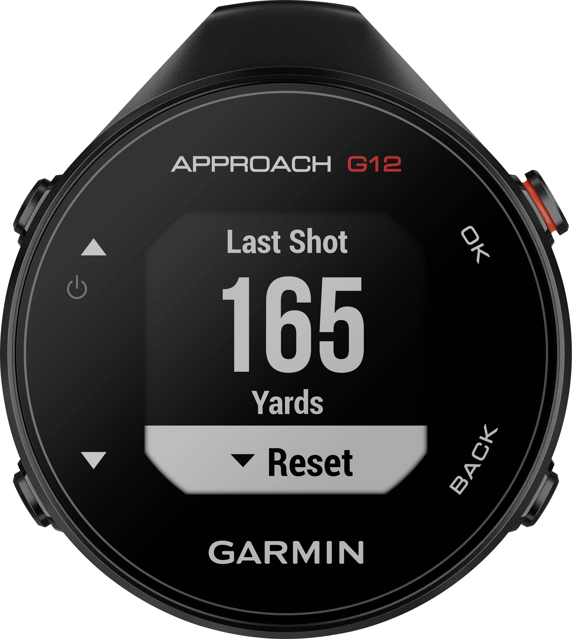 Un télémètre de golf affiche le dernier coup à '165 yards' sur l'écran, avec les options 'Reset', 'OK' et 'Back'.