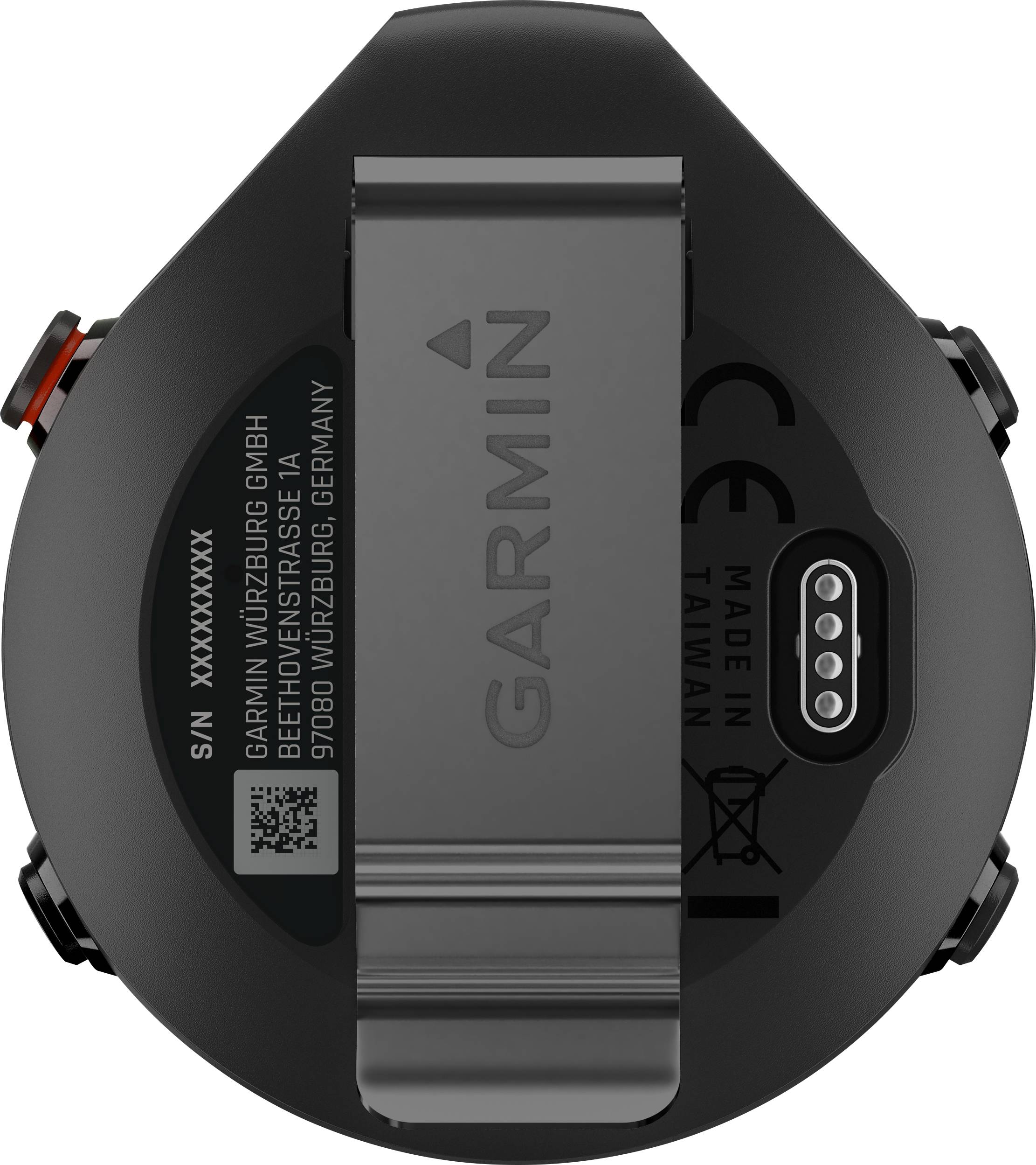 Appareil Garmin noir vu de dessous, avec port de chargement et étiquette de numéro de série, fabriqué à Taïwan.