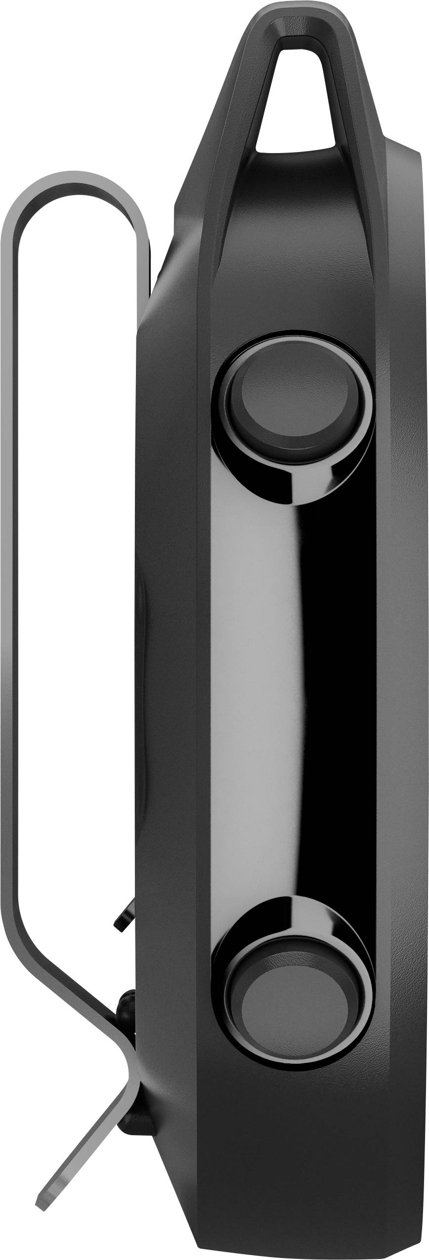 Appareil noir et rectangulaire doté de deux boutons volumineux sur le côté et d'un clip métallique.