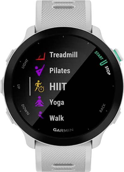Montre connectée avec modes d'entraînement affichés sur l'écran : Tapis roulant, Pilates, HIIT, Yoga, Marche. Représentation des commandes et des touches de fonction.