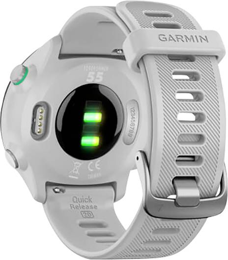 Montre de sport grise avec logo 'Garmin' et capteurs de fréquence cardiaque à l'arrière. Bracelet en silicone avec fermeture rapide.