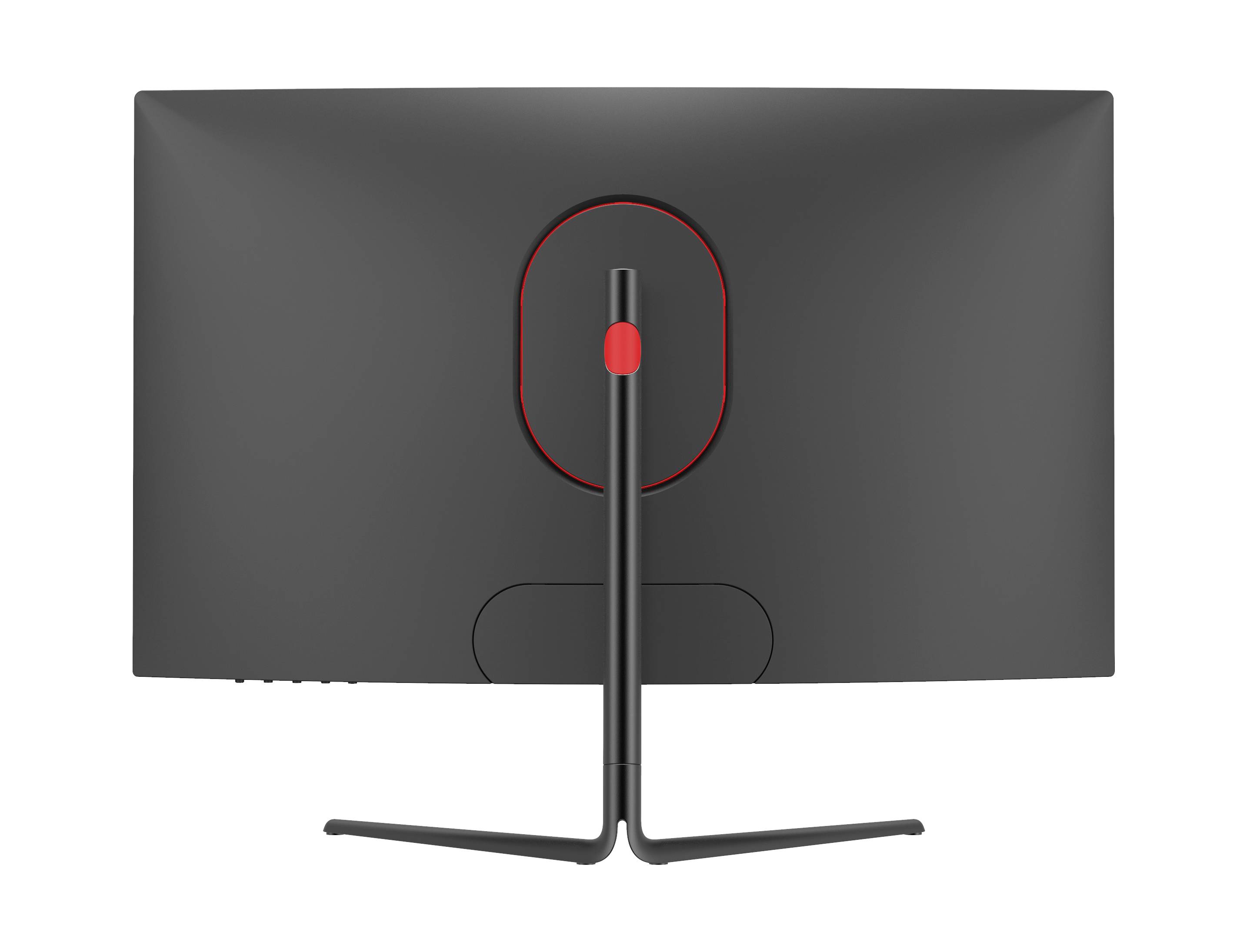 Un moniteur d'ordinateur noir vu de dos, avec un accent rouge au centre du support.