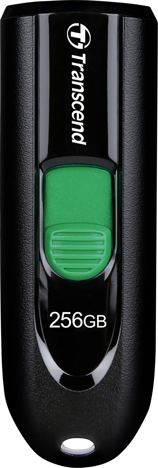Une clé USB noire de Transcend avec un curseur coulissant vert. Capacité : 256 Go.