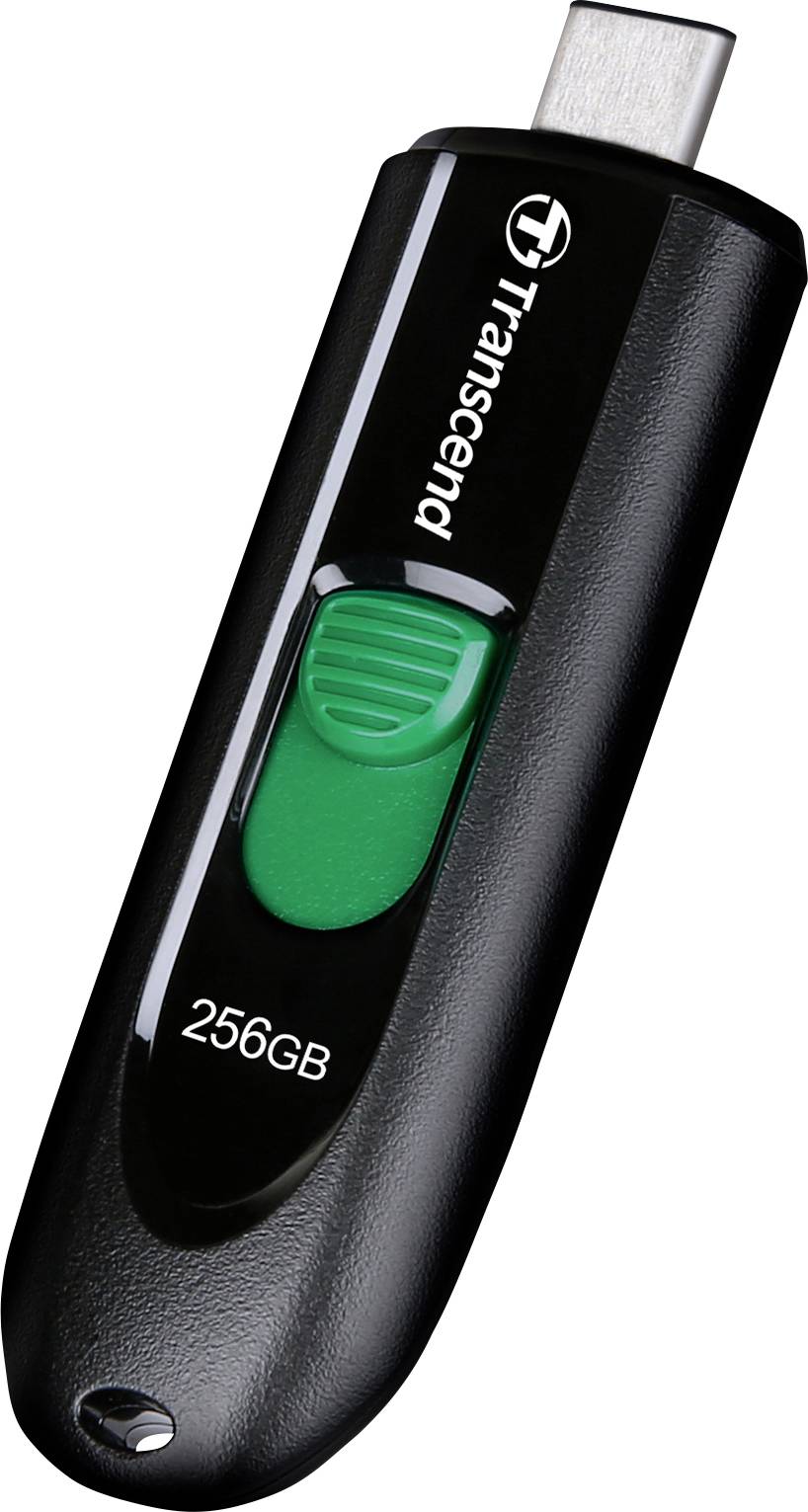 Une clé USB noire avec un curseur vert, capacité de 256 Go.