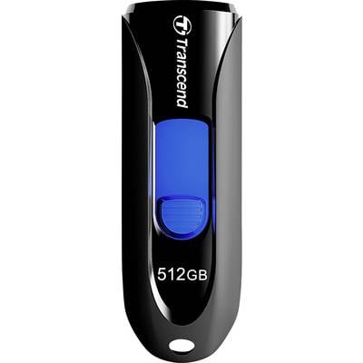 Une clé USB noire avec un accent bleu et l'inscription '512 Go', le logo de la marque 'Transcend' visible en haut.